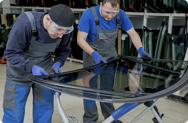 Technicians preparing a replacement windscreen